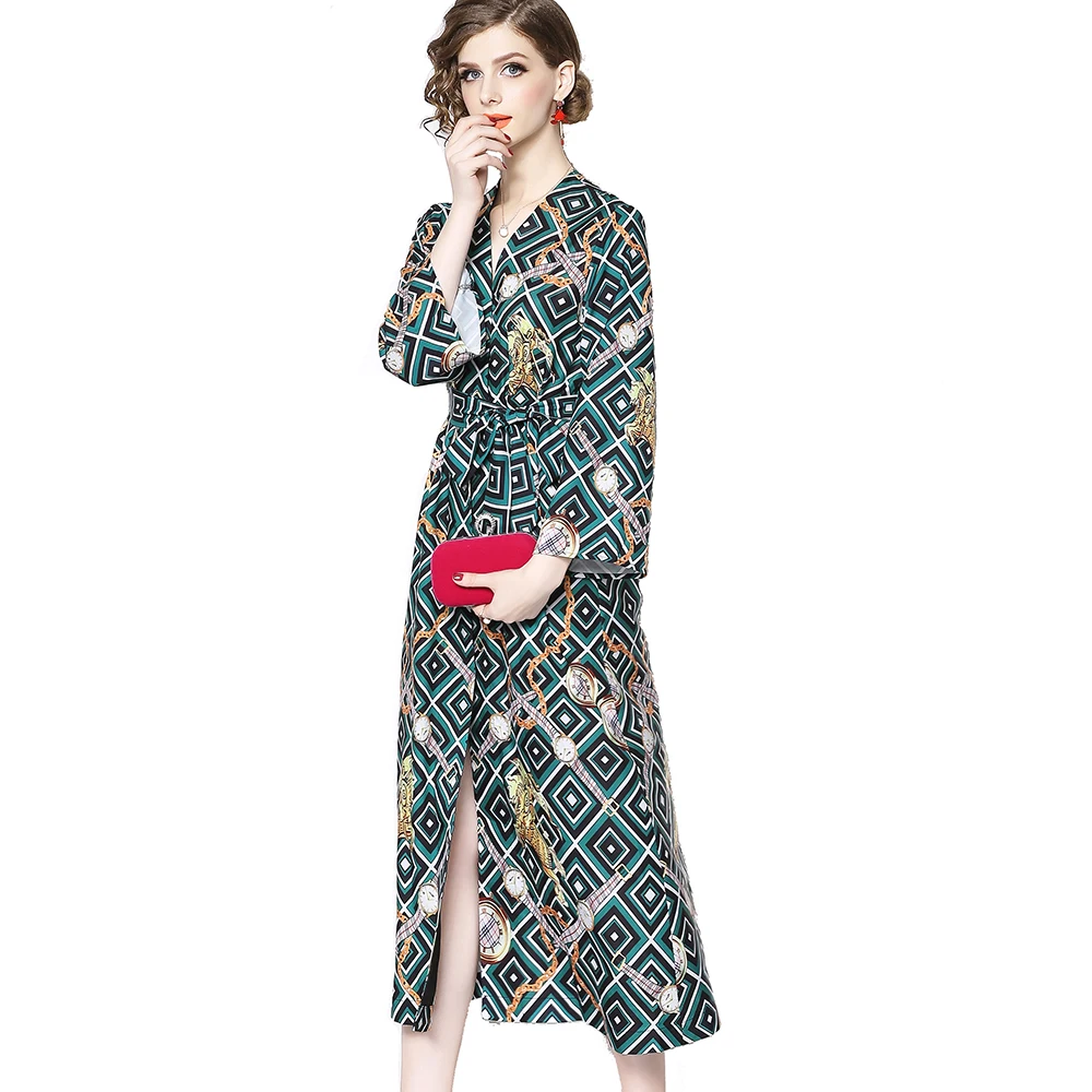 
Wholesale Women New Fashion V Neck Wide Cuff Wrist Long Sleeve Plaid Print Long Dress 
