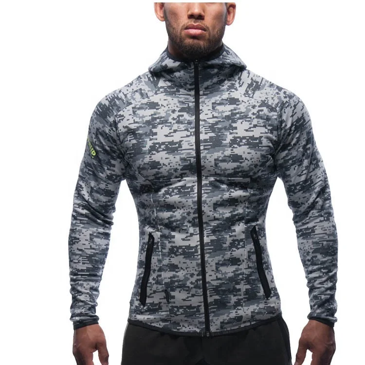 Streetwear 2020 muscle slim fit camo printed plain gym jacket hoodies