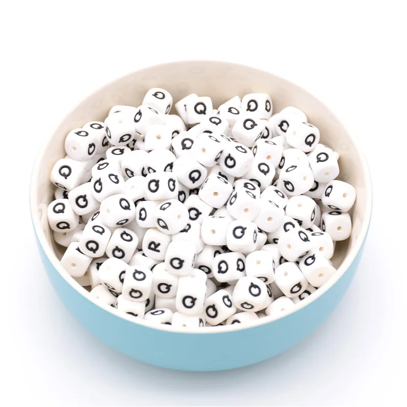 
12MM BPA Free Food Grade English Russian Letters Square Soft Silicone Chewing Baby Teething Alphabet Teether Beads 