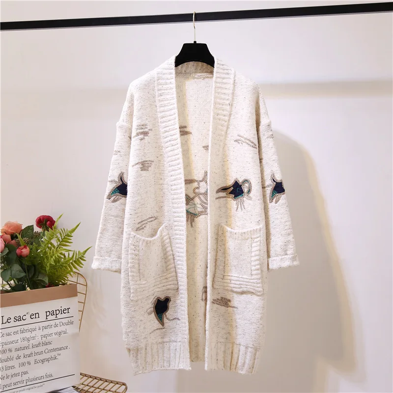 2018 winter autumn latest v-neck front open embroidery lady packets coat women knitted long cardigan
