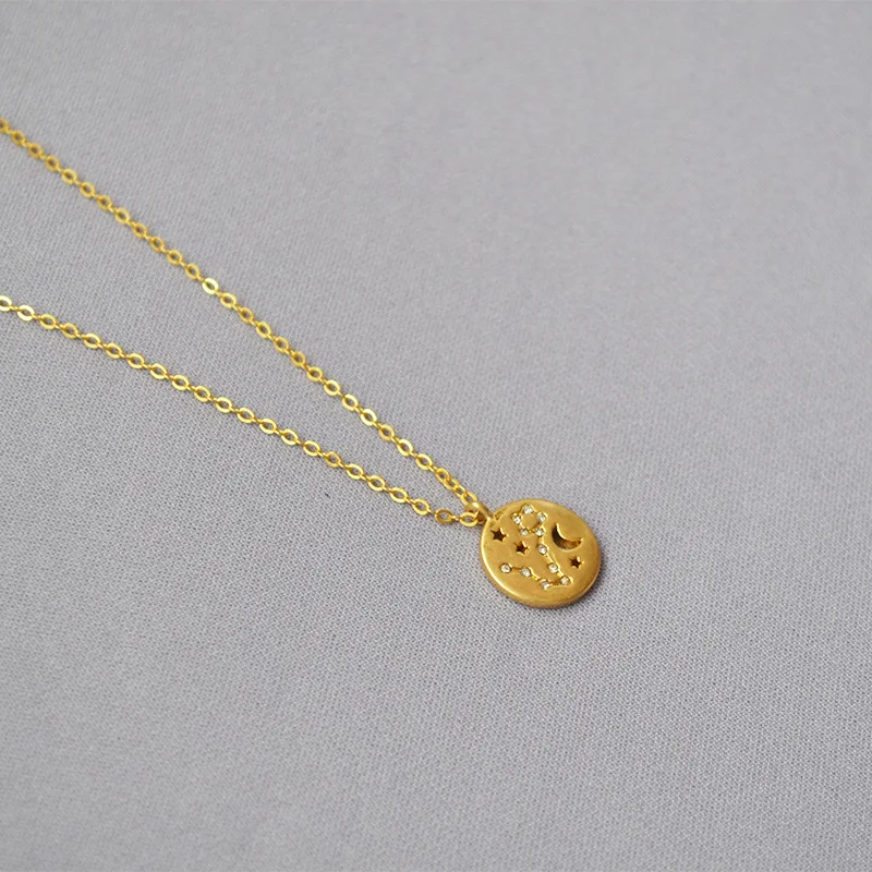 dainty zodiac brass necklace 24k gold plated pendant necklace gold filled  chain coin jewelry necklace