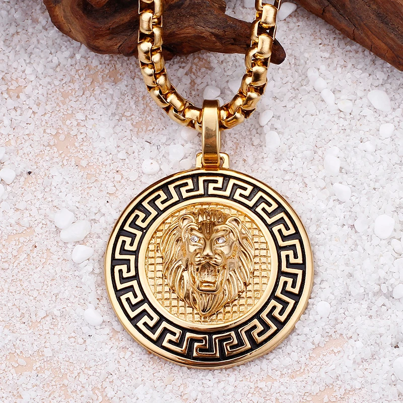 The Lion Heart CZ Round Pendant Men Necklace Accessories Jewelry