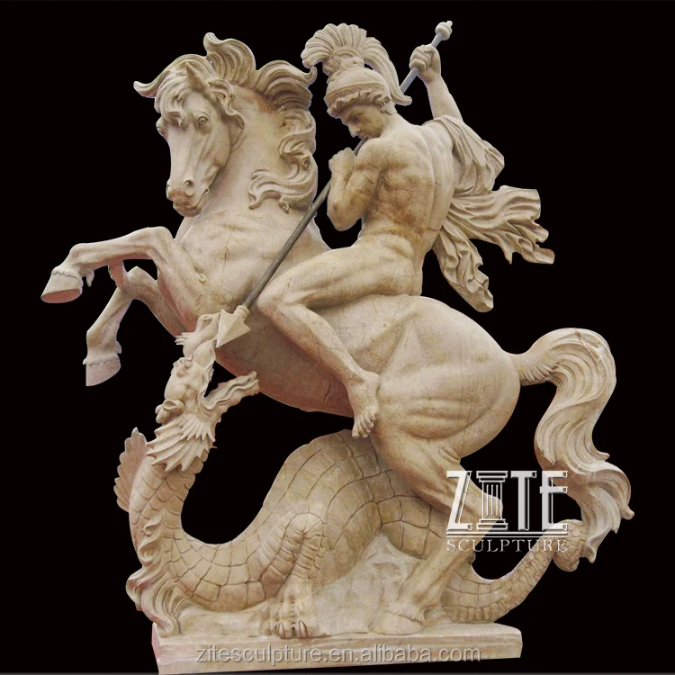 Natural Carved roman stone life size knight statue marble warrior and horse sculpture