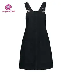 2019 Fashion pockets pinafore dungaree black denim sleeveless dress women