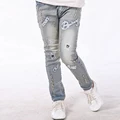 Free Shipping 2015 Spring Summer Cartoon Girls Pants Embroidered Denim Pattern Trousers Ripped Children Kid jeans