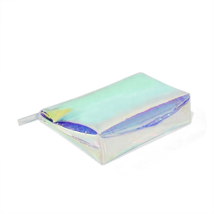 Custom hologram iridescent laser pvc cosmetic bag, transparent holographic PVC zipper makeup bag