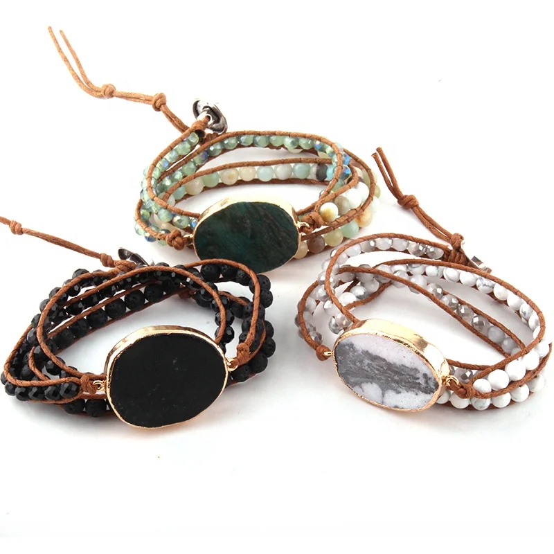 Fashion Women bracelet Handmade Natural Stone glass beads bracelet 3 row Men Leather Wrap Bracelet Dropship
