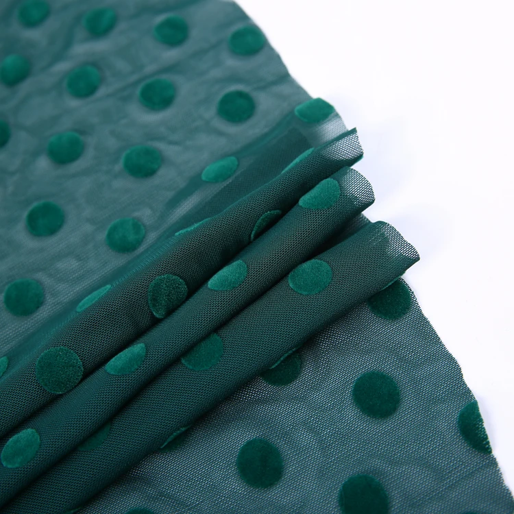
Custom wholesale green polka dot design polyester mesh flock printing fabric knitted 