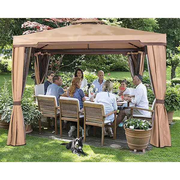 10x10FT Summer Brown Metal Top Gazebo with Mosquito Netting