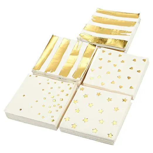 OEM 100-Pack Cocktail Napkins - Disposable Paper Party Napkins in 5 Assorted Designs Gold Foil Designs - Perfect for Birthday