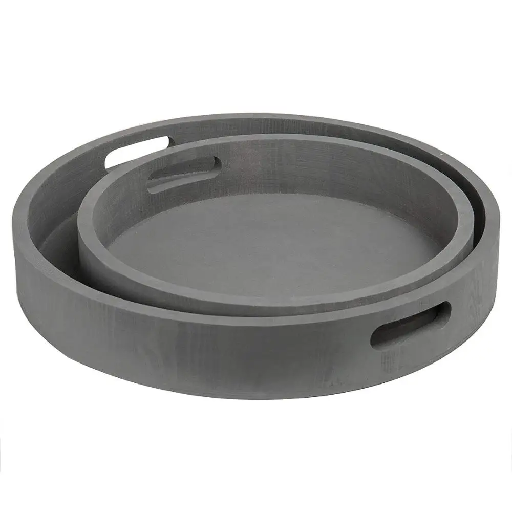 Round Nesting Charcoal Gray Wood Serving Trays Set of 2