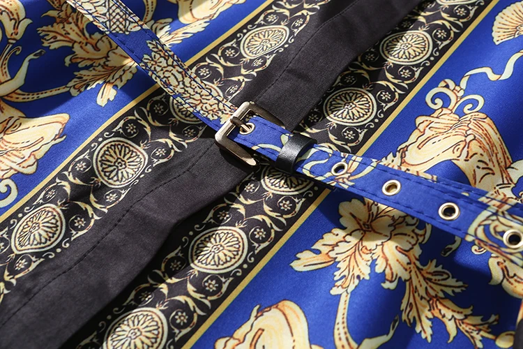 
European and American Women Fashion Brand New Pattern Print Belt Waist Knee Length Shirt Dress Two Colors 