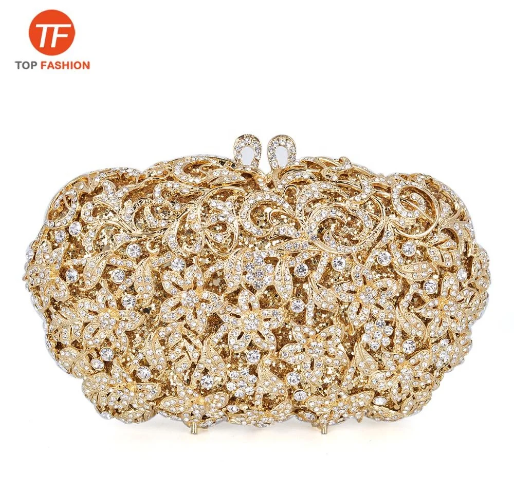 
Nice Crystal Rhinestone Clutch Purse Gold Florals Evening Bag for Wedding Party Wholesales from China OEM Factory 
