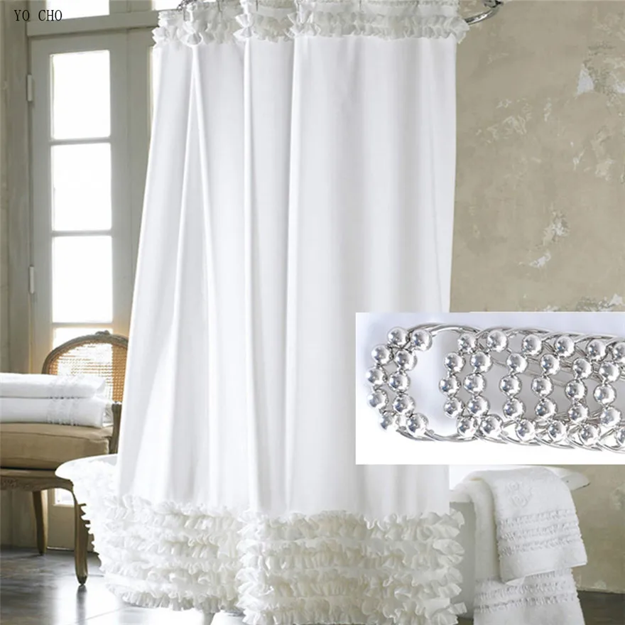 Thicken lace curtain for the bathroom waterproof bath curtain with metal hooks polyester fabric white ruffle shower curtain