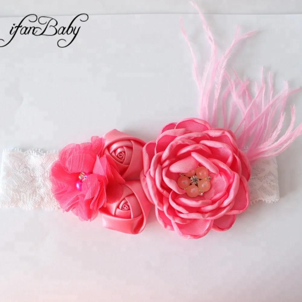 Girl Feather Lace Headband With Chiffon Flower Headband Rose Burn Flower Headband