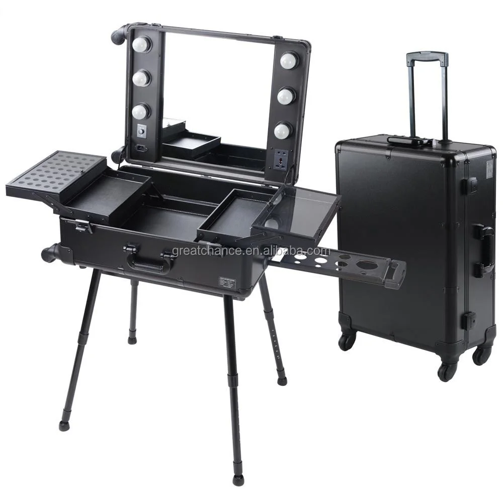 Rolling Studio Makeup Show Train Case Cosmetic w/Light Leg Mirror Wheeled Pro