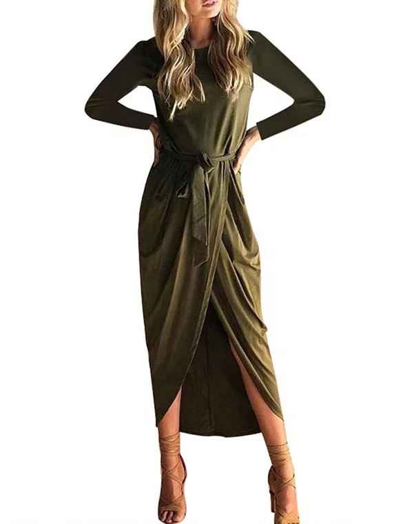 European and American autumn round collar long sleeve 100% bamboo fabric irregular flower bud dress