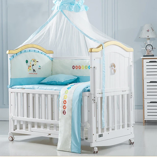 Convertible Wooden Baby Cot Bed Cradle Crib Multi Functional Free Mosquito Net