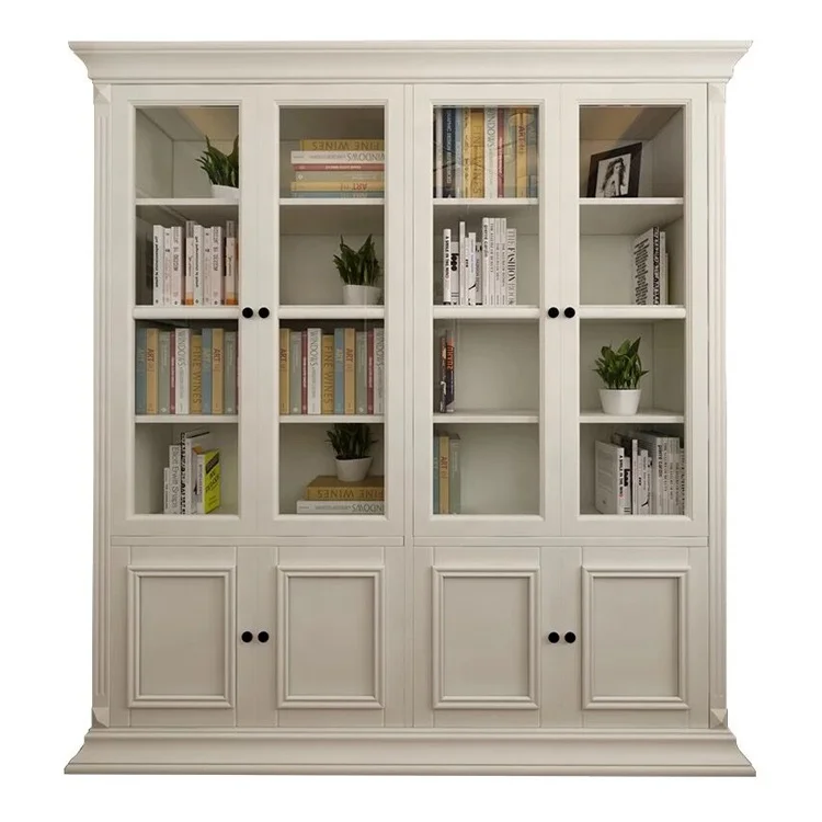 Solid wood bookcase display cabinet modern simple study rack oak glass door bookcase