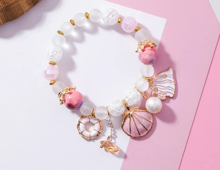 Ocean Sealife Charm Stretch Bead Bracelets Jewelry Girls Shell Moon Star Rabbit Glass Crystal Beads
