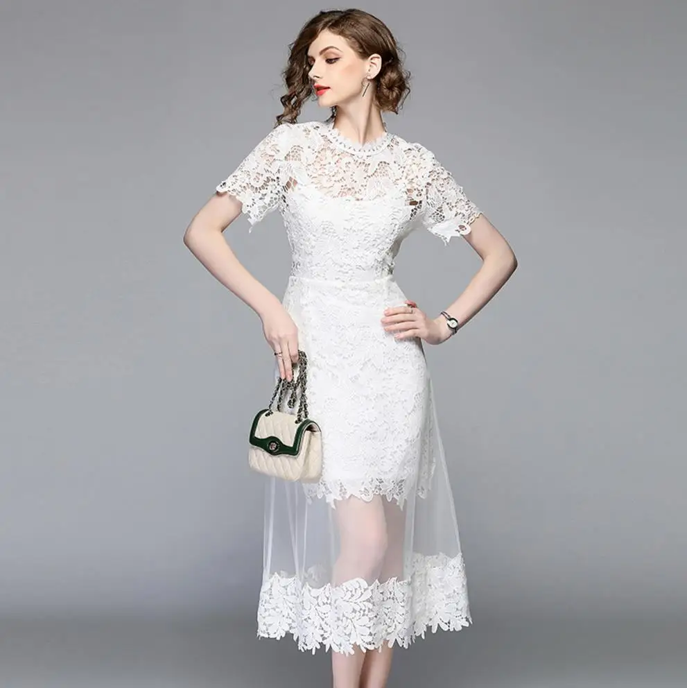 
European Style Women White Lace Dress Elegant Casual Hollow Out Short Sleeve A Line Dresses 