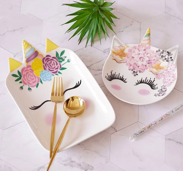 Unicorn eco friendly kids dinner set big glazed ceramic dinner set Cartoon porcelain dinner set