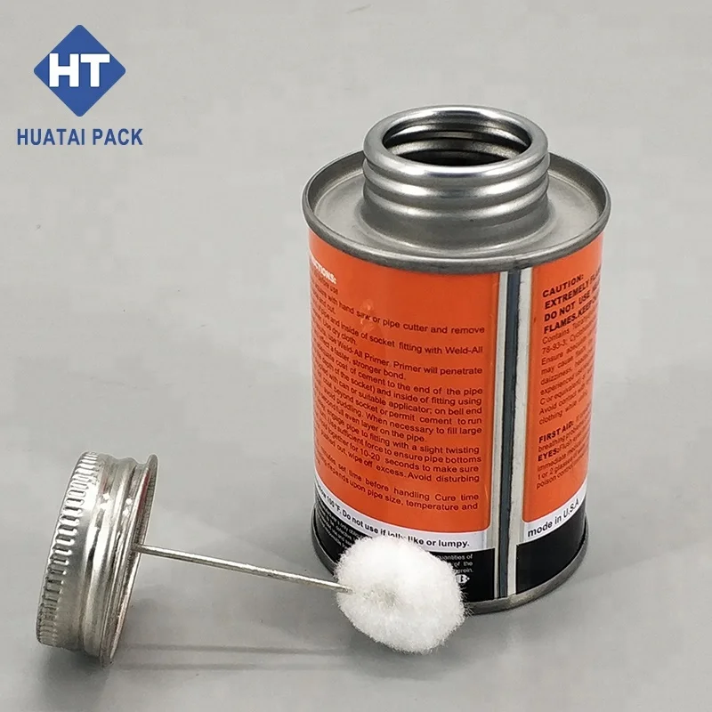 screw top empty metal tin cans with bristle brush for pvc adhesive glue packaging, monotop can with applicator
