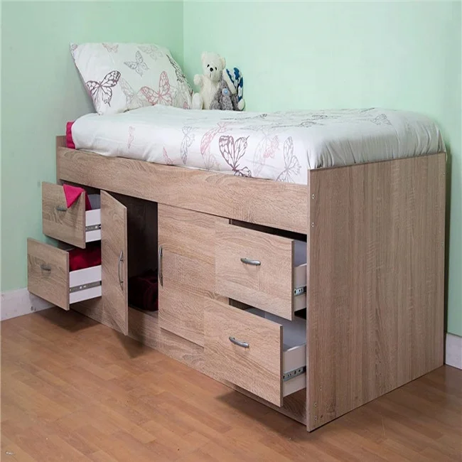 Promotional price Modern PANEL Oak Cabin Bed Single Midi Wall Bed with Drawers and Storage