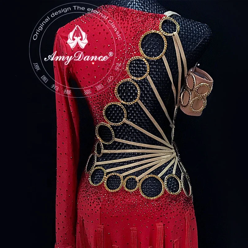 
Sexy one shoulders dew waist split rhinestones girls latin dance dresses competition red latin dance costume 