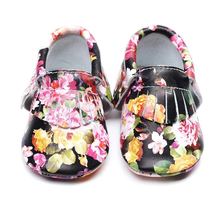 
Newborn Genuine Leather Baby Shoes Floral Prints Friange Moccasins Shoes First Walkers 0-24M 