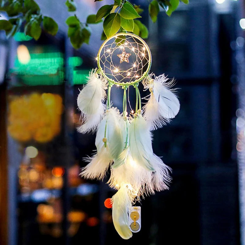 Wholesale Dream Catchers Cheap Handmade Decor Indian Feather Pentagram DreamCatcher With LED Light For valentine gift