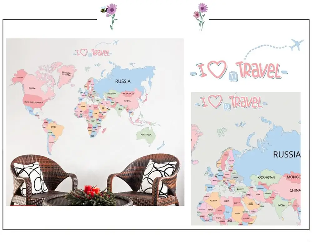 
YIYAO Cartoon Background Colorful English Words World Map Wall Art Decals Stickers 