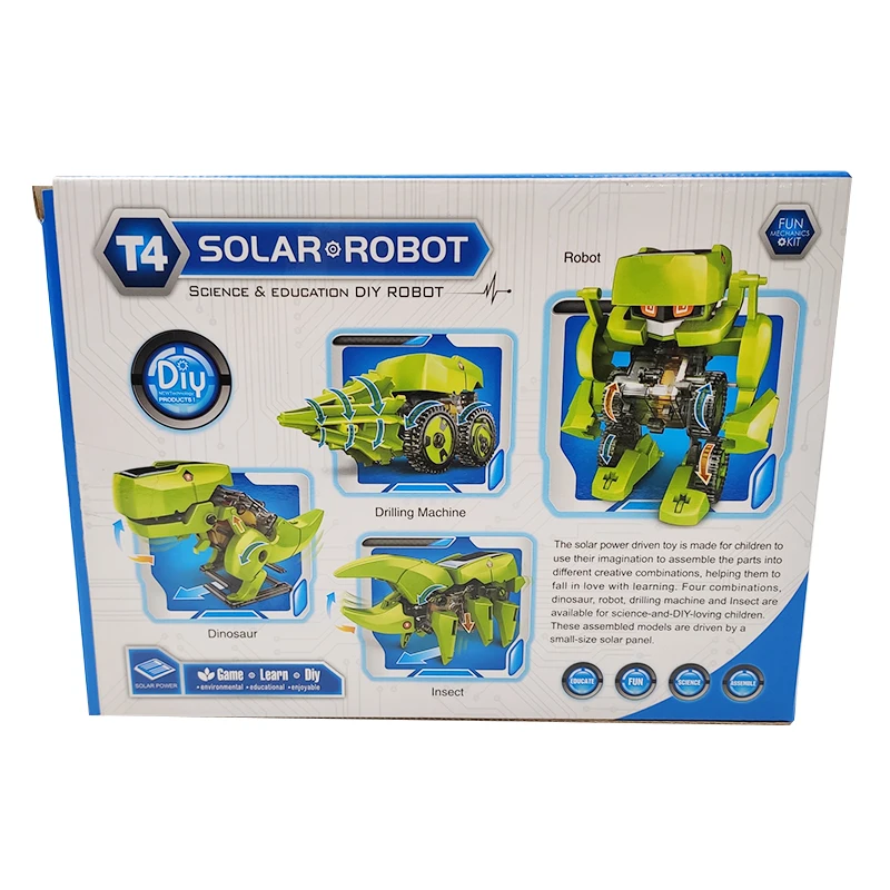 Science education DIY robot 4 in 1 solar walking dinosaur robot toy with box package