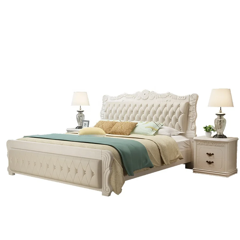 European Luxury royal antique wooden carving bedroom furniture sets genuine leather 5 star hotel bed Customizable