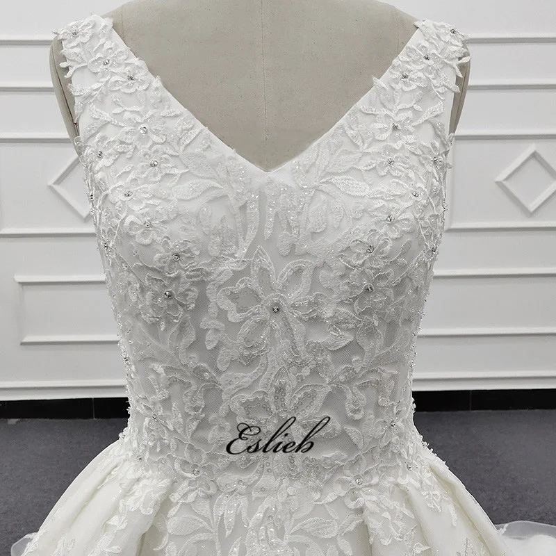 Eslieb 2019 luxury  corset wedding dress lace  floor-length V-neck sleeveless court Train ivory wedding dress bridal