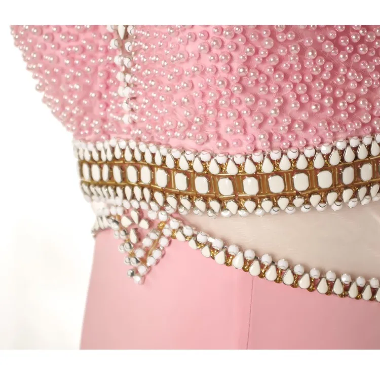 Modern Dubai luxury long ball gown beaded pink halter evening dresses