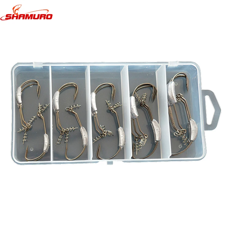 25 Pcs/box High Strength Lead Jig Head Hooks Offset Fishing Hook With Soft Worm Spring Lock Pin