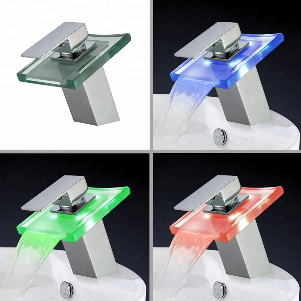 ROVATE Luxury Design Bathroom LED Basin Faucet Deck Mounted Single Handle Waterfall Spout Hot and Cold Taps