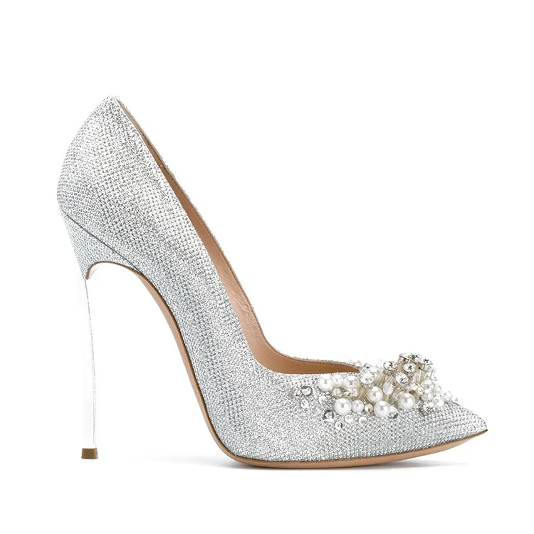 Fashion silver glitter with pearls diamante glitter high heels pumps bridal wedding women dress shoes