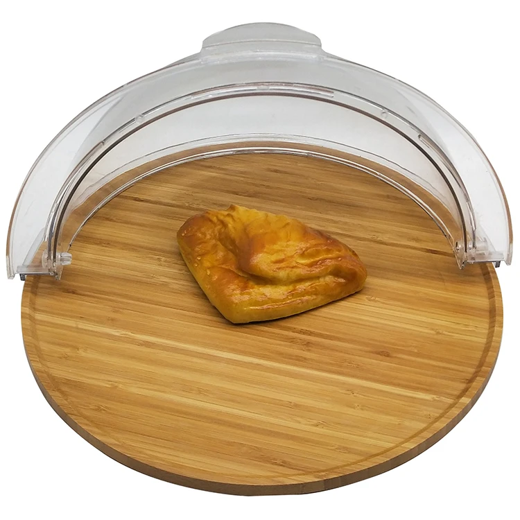 High Quality Bamboo Wood Round Shape Serving Tray Restaurant bread display wooden tray with transparent lid