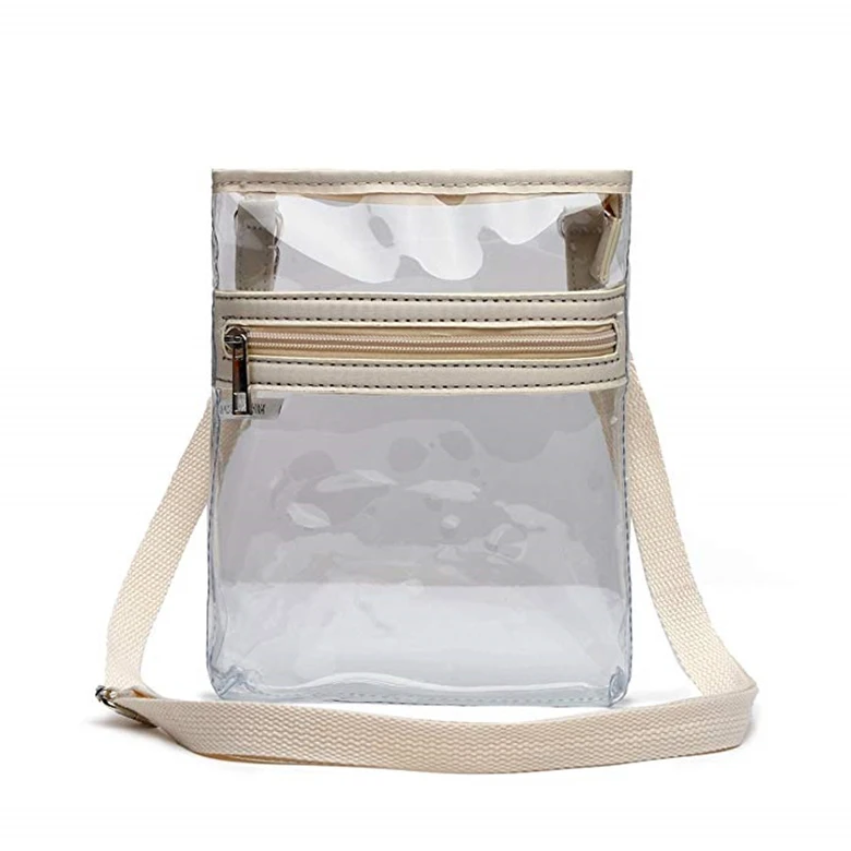 Eco-friendly portable clear pvc vinyl travel makeup cosmetic bag with a strong fabric handle