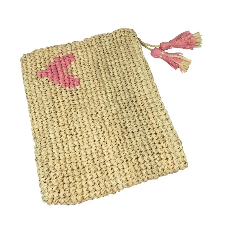 Small heart embroidery crocheted raffia clutch made with natural raffia straw tassles trimming