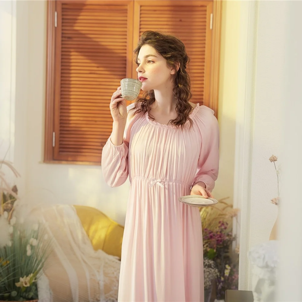 Long Sleeve Princess Style Sleepwear Ladies Plain White Vintage Nightgown