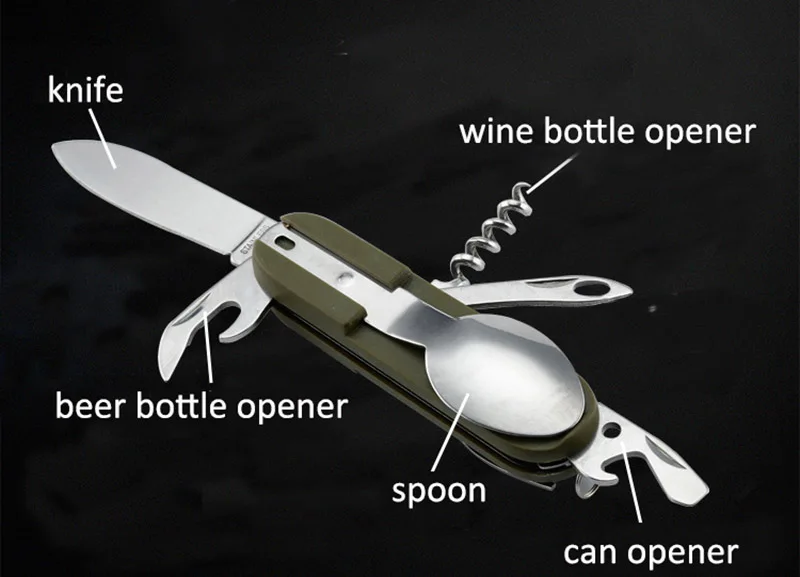 Outdoor multifunction foldable spoon fork blade can bottle opener camping picnic cutlery custom logo
