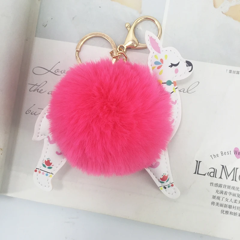 Wholesale Hot Sale Cartoon Pompom Alpaca Keychain for Bag Fur Ball Faux Fox Fur Ball Fluffy Pendant Keychain for Phone Custom