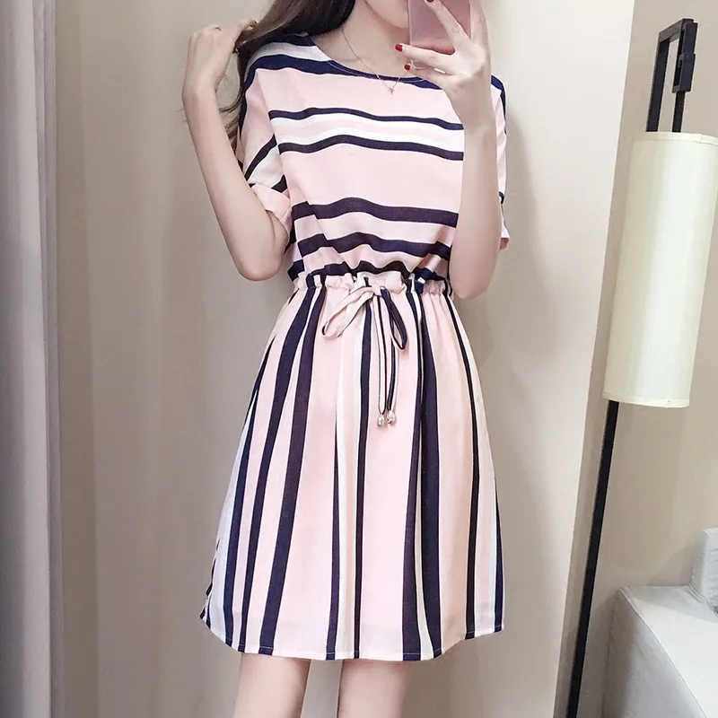 Springway 2021 Summer New Arrive Women Dresses Korean Fashion Lace Slim Stripe A-line Casual Dress Wholesale