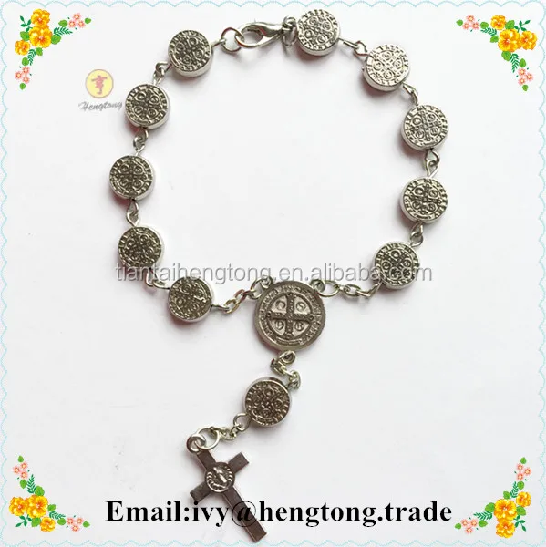 metal alloy round beads religious bracelets cathlolic benedict rosary bracelet