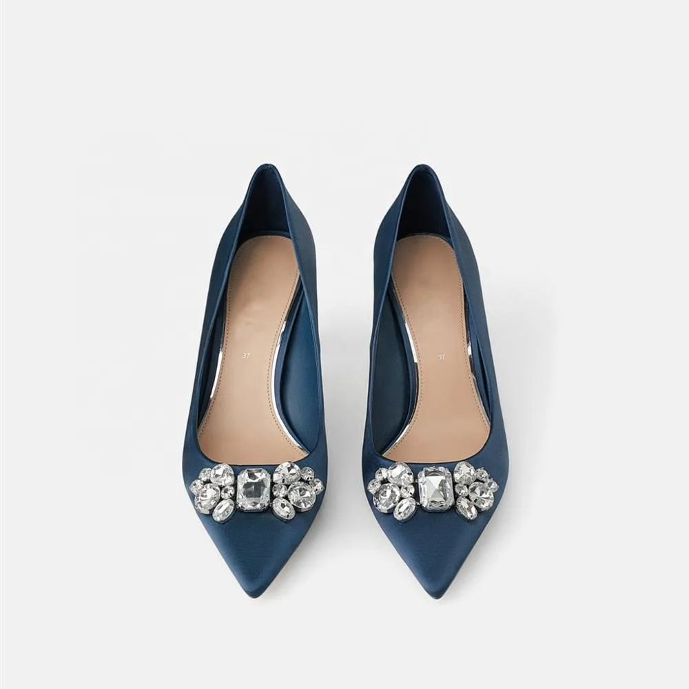 
MANRINO-0243 Real Satin Silk Crystals Ornaments Decor Women Thin Heels Dress Pump Shoes For Women Shoes Closed Toe 2019 