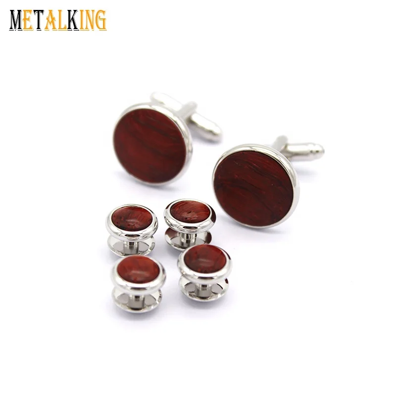 Vintage Style Red Wood Inlay French Cufflinks And Studs Set Suit For Mens Shirts Tuxedos