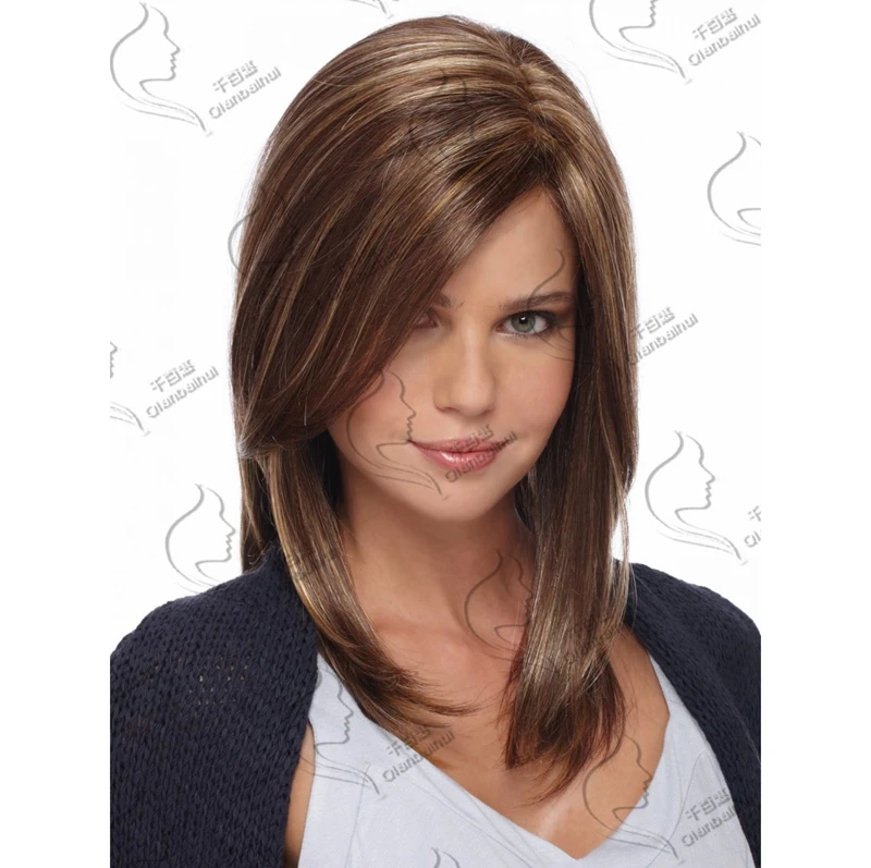 
Wholesale long straight dark brown hair synthetic wigs and mixed light brown naturl wave hair for women 